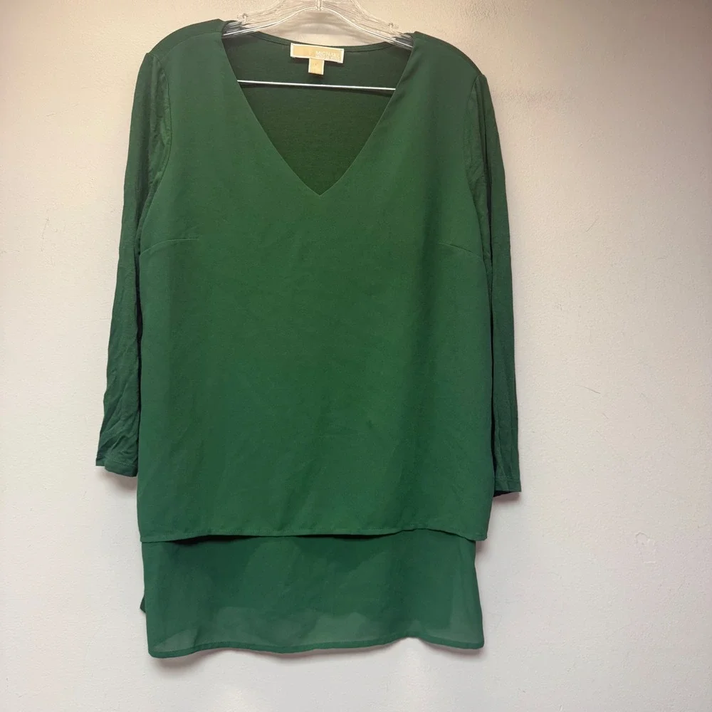 Michael Kors Tunic Top Womens Medium Green Excellent Layered V-Neck 3/4 Sleeve